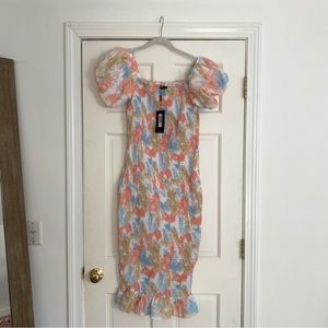 Watercolor Ruched Dress with Puff Sleeves